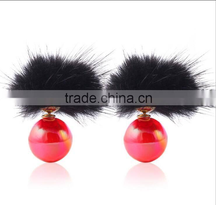 2016 top quality fashion fur women earings set brand acrylic round shaped double earings factory price