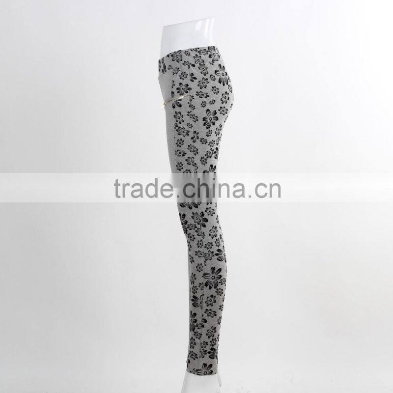 F5W31069 Women Flower Print Two Front Zippers Leggings