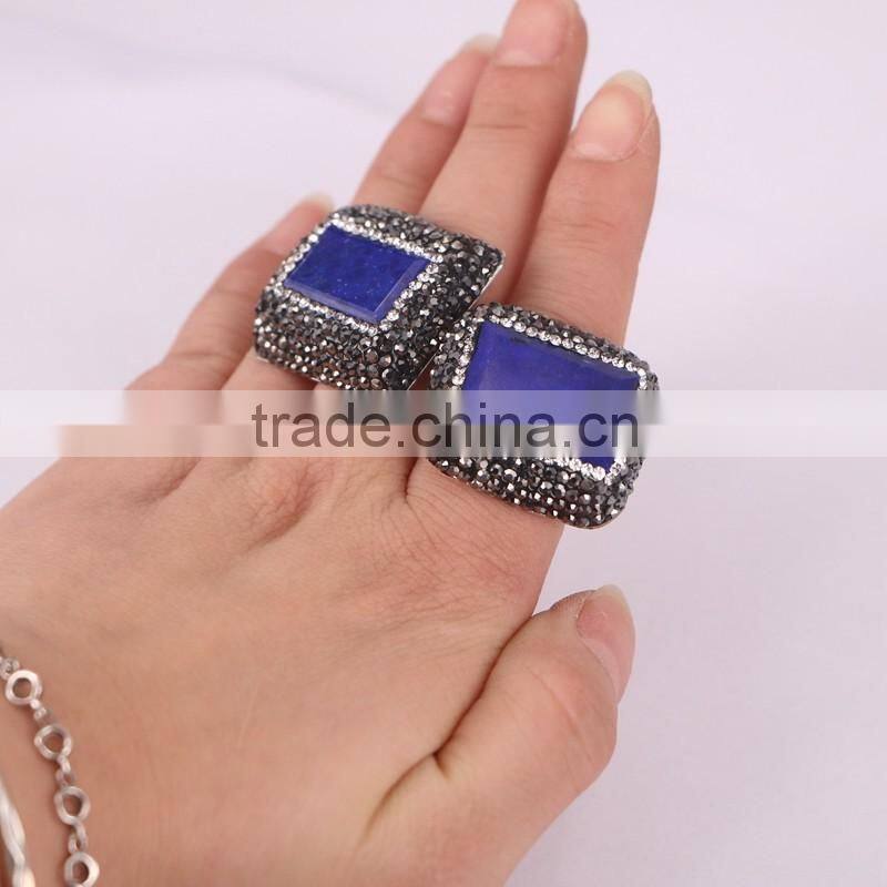 Natural Lapis Lazuli Druzy Stone Rings, Pave Crystal Rhinetone Single Stone Ring Design
