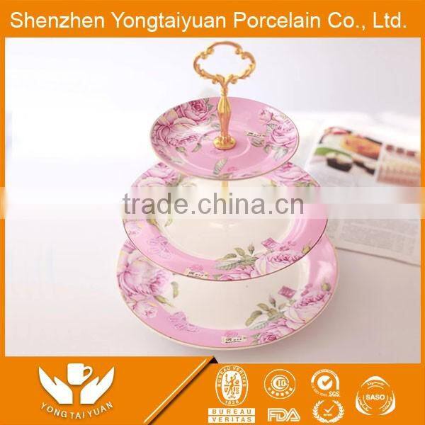 Hot sale style 3 layers fresh flower decal porcelain dry fruit plate