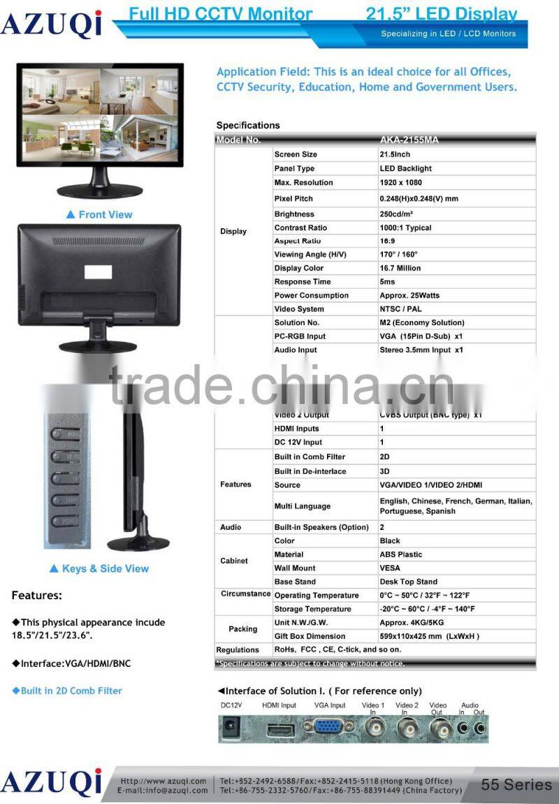 High definition 21.5" led touch screen for indoor intuitive manifest application