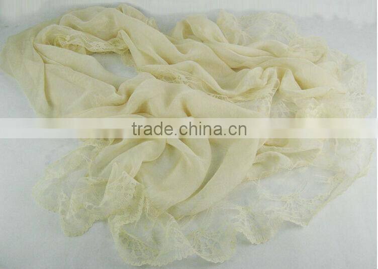 2014 Newest Style Solid Color Silk Chiffon Scarves Lady Girls Lace Edging Scarf Shawl Black Wholesale