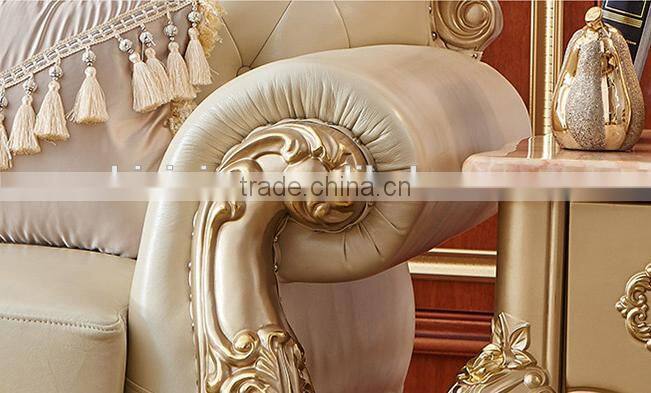 Neoclassic style solid wood champagne gold carving leather sofa set