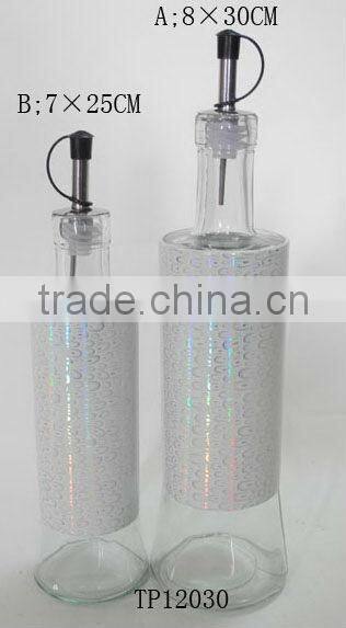 metal coating cylinder glass oil vinegar bottle with design