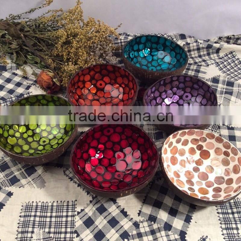 Vietnam lacquer coconut shell bowl / mother of pearl inlaid lacquer bowl