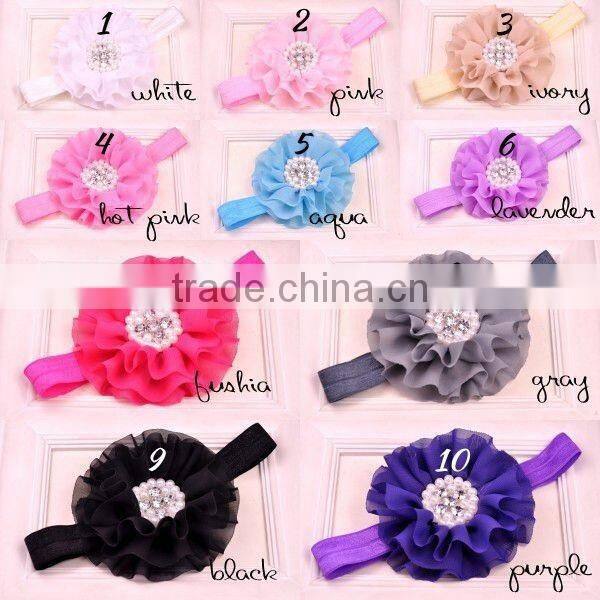 chiffon flower headband with pearl beads center for kids hair accessories