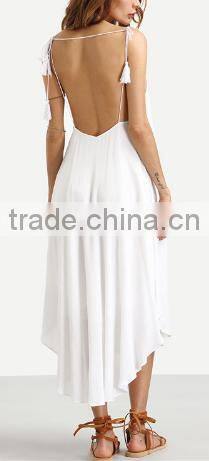 2016 Beach Wear White Spaghetti Strap Tassel Backless Sleeveless V Neck Asymmetrical High Low Midi Dress