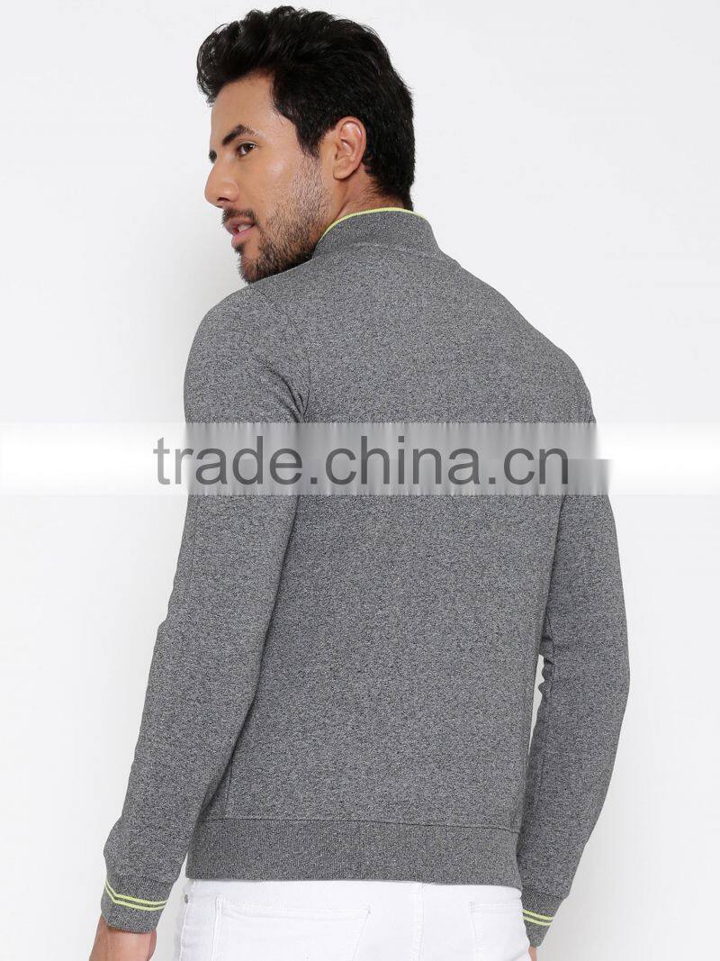 Grey Sweatshirt With Grindle Effect For Man Mock Collar Full Concealed Zip Closure Sweater Brushed Fleece Lining