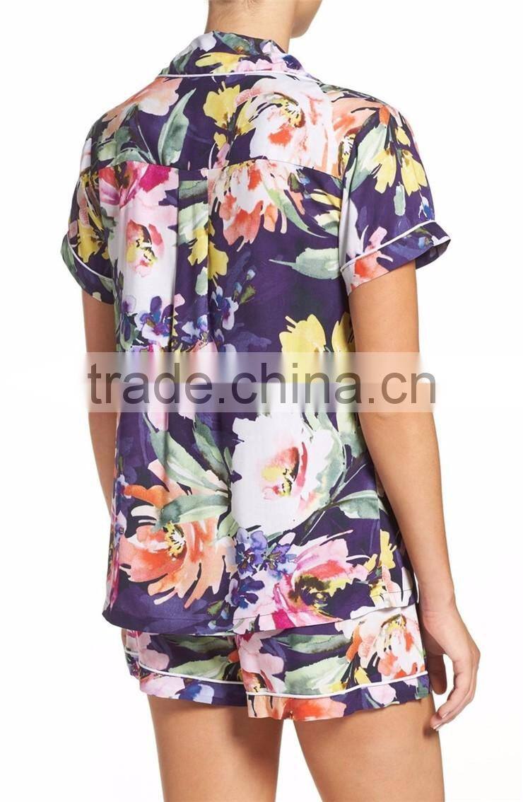 Custom Floral Print Women Short Pajamas Pyjama Set White Piping Short Sleeve Top With Shorts PJ Set