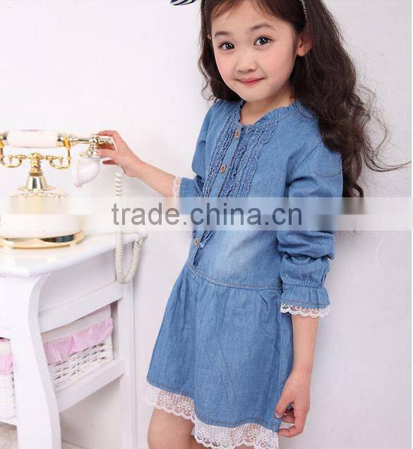 Fashion Kids Denim Blue Flower Lace Single-breasted Long Sleeve Girls Formal Dresses 20009