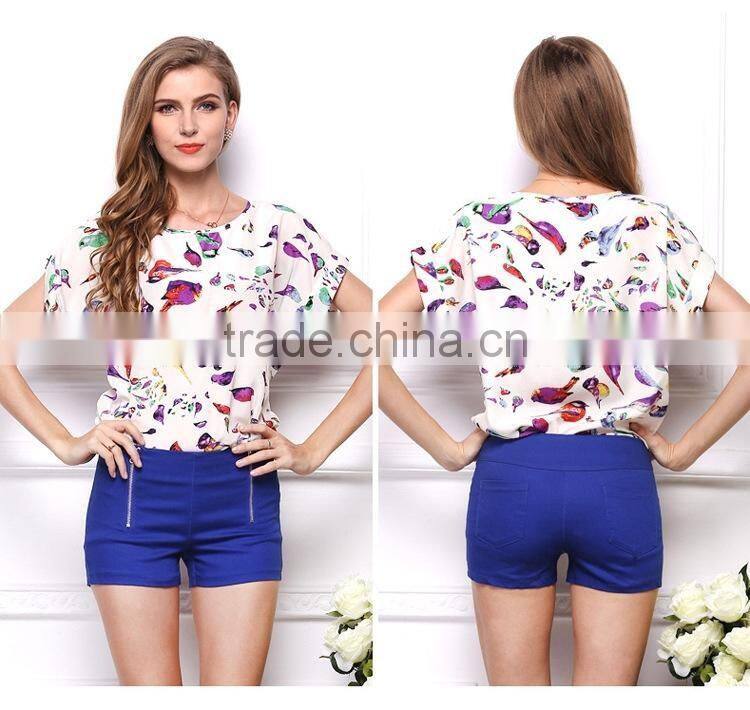 Hot Sale European style plus size batwing sleeves printing Chiffon Blouse shirt for women , Casual Chiffon Blouse &tops