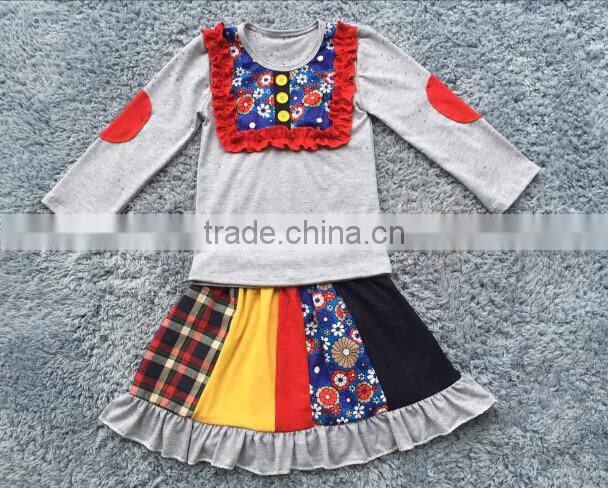 Latest design 2016 fashion girls floral print bib dsess sets wholesale children boutique clothes puffy babys stripe ruffle pant