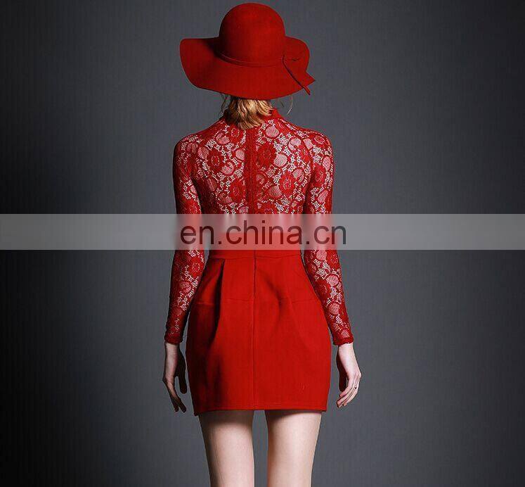 2015 European style women dress / red lace up skirt long sleeve