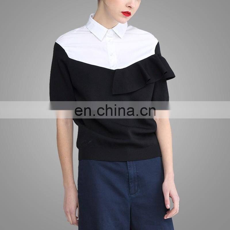 Ladies uniform blouses cool fashion blouses long sleeve joint knitted blouses for women