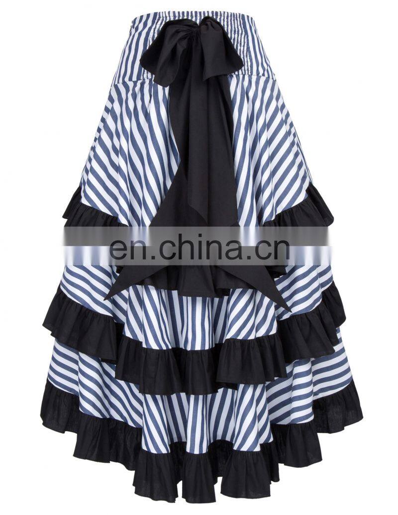 Belle Poque Striped Gathered Steampunk Vintage Gothic Style White High-Low Skirt BP000345-1