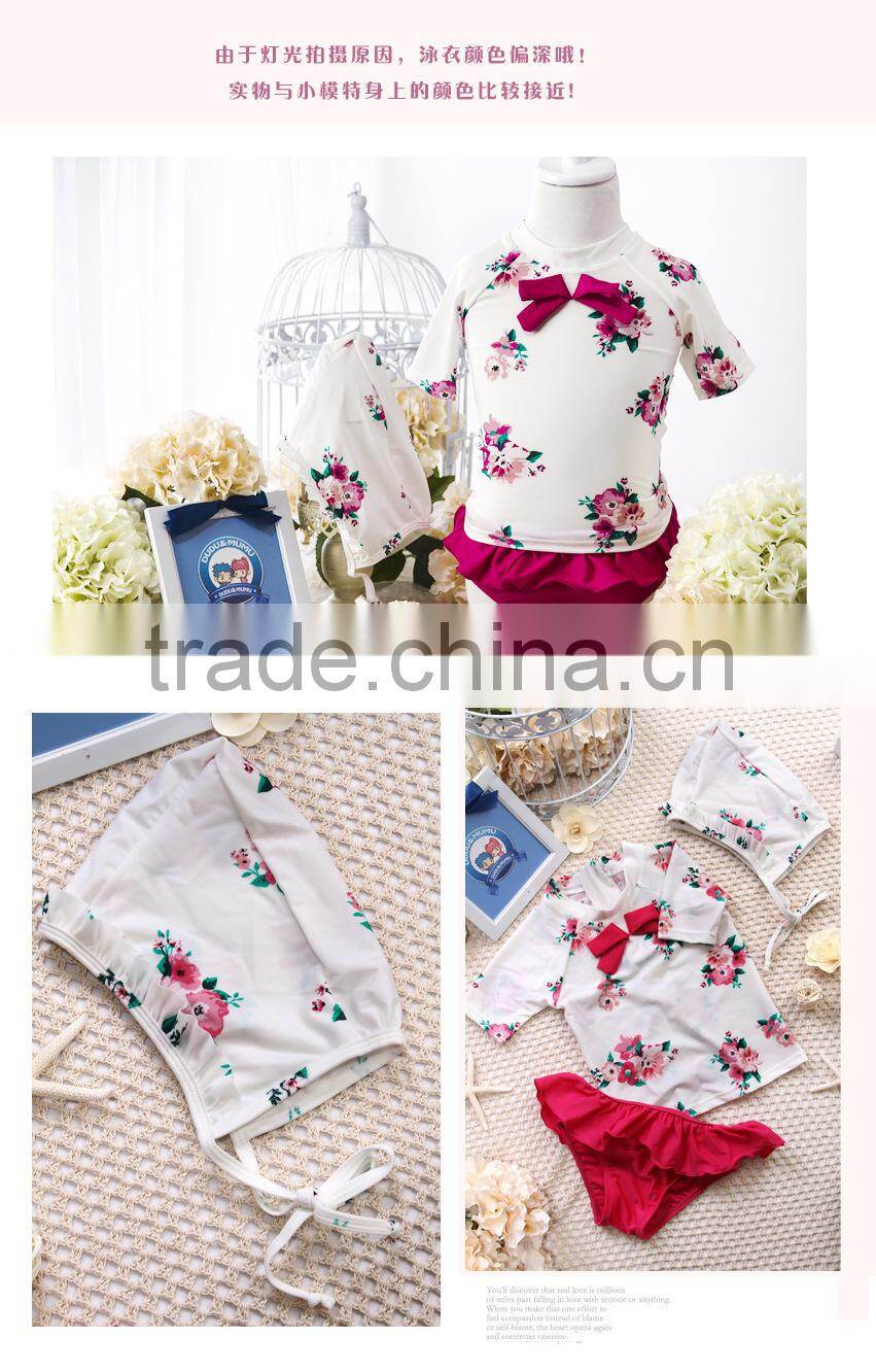 beautiful flower printed children bath suits fancy swimwear with cap wholesale
