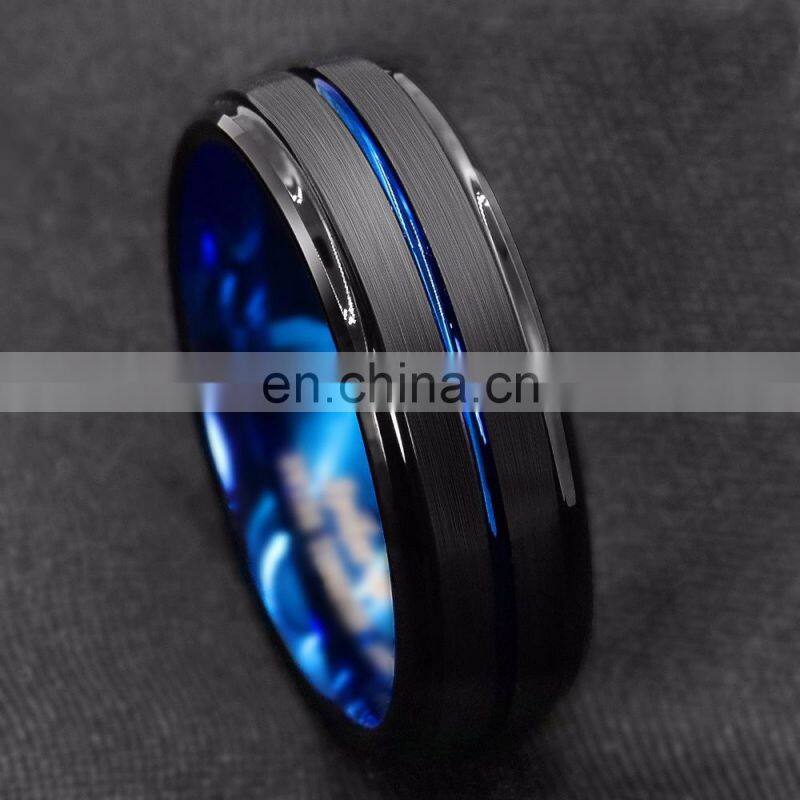 Luxury Titanium Ring For Men Surface Black Blue Groove Inside Blue Face Stainless Steel Ring