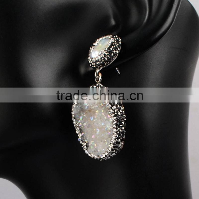 Natural freshwater pearl earrings with 18k gold plated, hanging stick druzy geode earrings with black diamonds paved on edge