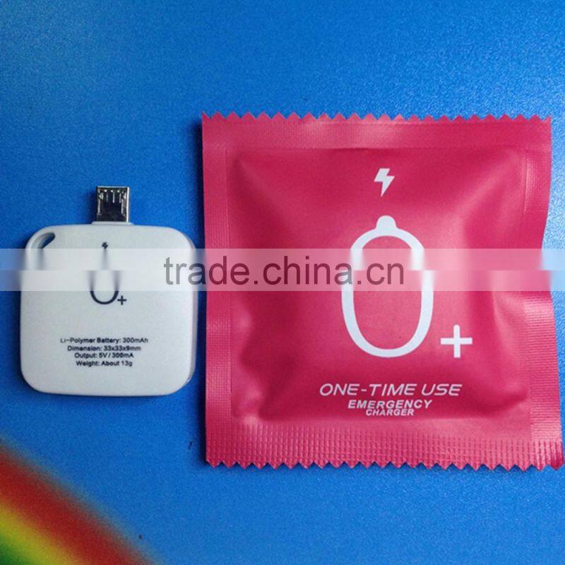2016 hot selling one time use disposable power bank 300mah smart battery charger power banks