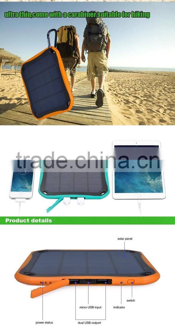 Waterproof Fireproof led light 5600mAh Dual USB Ports external backup battery charger Solar Power Bank for mobile phone tablet