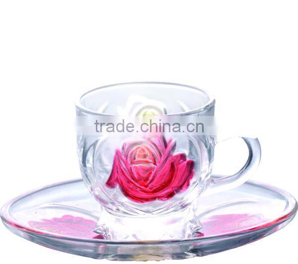 Colorful rose pattern glass cup and saucer set