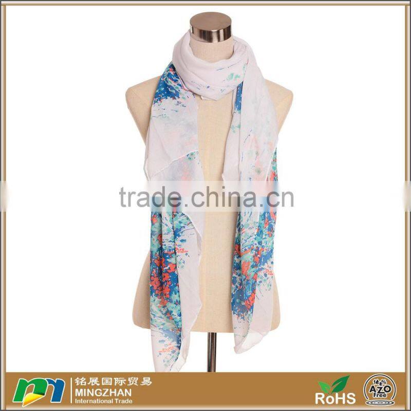 Chinoiserie pretty floral print white twill viscose silk scarves for women
