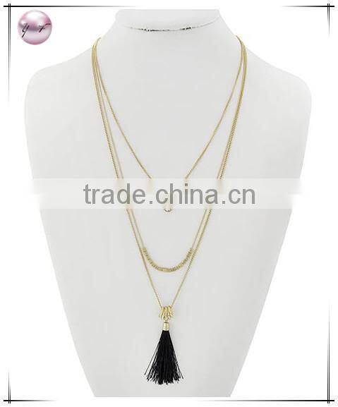 Matte Gold Tone Purple Thread Clear GlassMetal Layer Tassel Pendant Necklace