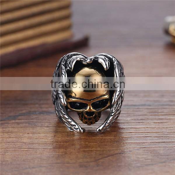 gold silver vintage gothic wing biker surgical stainless steel skull ring for man