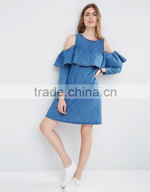 Shift Denim Dress with Cold Shoulder and Ruffle Detail