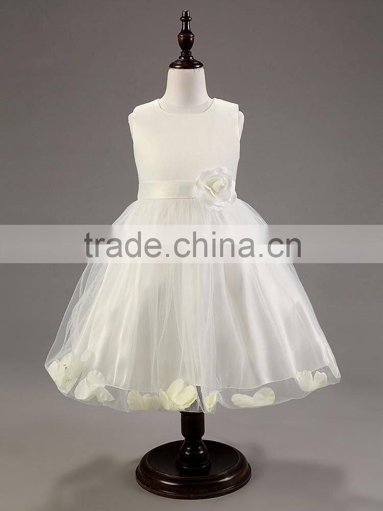 New Cute Sleeveless O-Neck Waist Flower Back Bow Petal Hem Cute Dress Communion Flower Girl Pageant Illusion Petal Dress