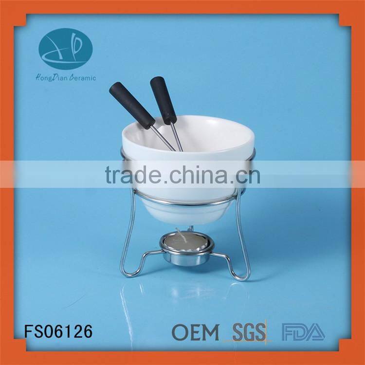 FONDUE SET WITH FORK - Tea Light Porcelain Melting Pot w/ Fondue Dippers,chocolate fondue with iron stand