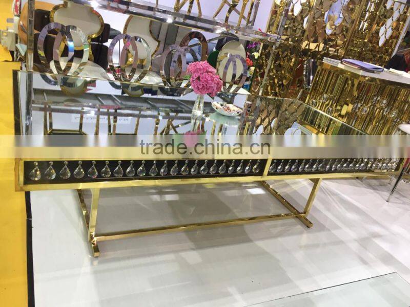 New design golden glass top wedding table with crystal