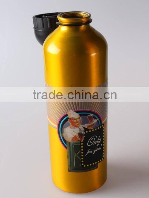 gold color aluminum water bottle with plastic cap