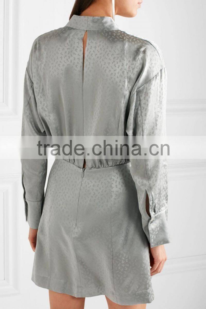Latest Metallic Gray-green Long Sleeve Wrap Effect Silk-Jacquard Mini Dress Design Pictures Names Of Ladies Dresses HSD5932