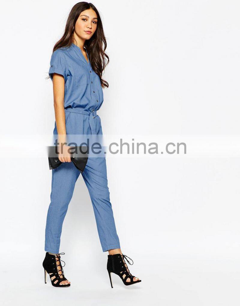 2015 China factory OEM ODM fashionable customized Chambray Jumpsuit with D Ring Belt