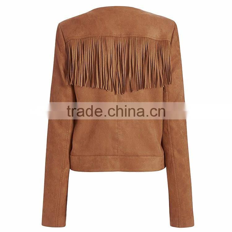 HAODUOYI Women Brown Suede Inclined Zipper Tassel Back Jacket Coat for Wholesale