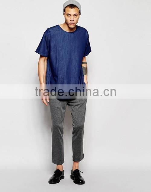 2016 Summer men light weight short sleeves dark wash denim t-shirt custom