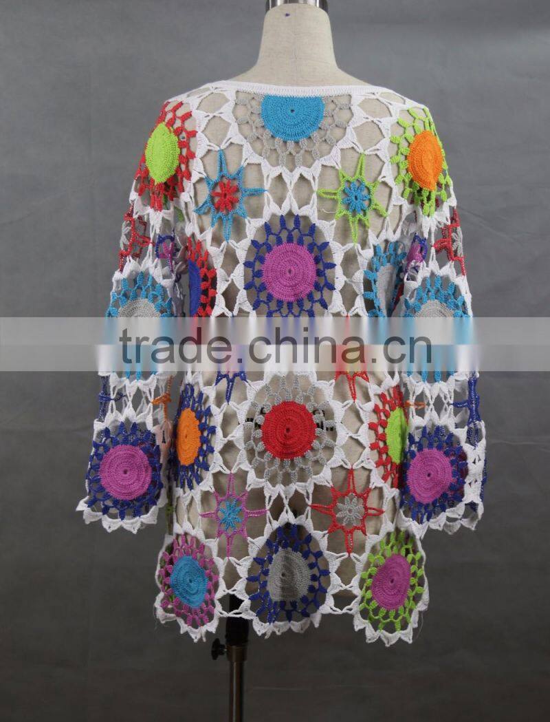 Lady's machine crochet long sleeve popular multicolor top blouse style