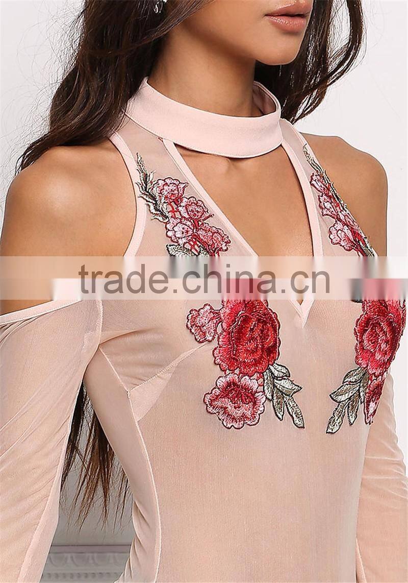 MGOO 2017 New Design Custom Blush Applique Bodysuits White See Through Rose Mesh Cutout Tops Playsuits
