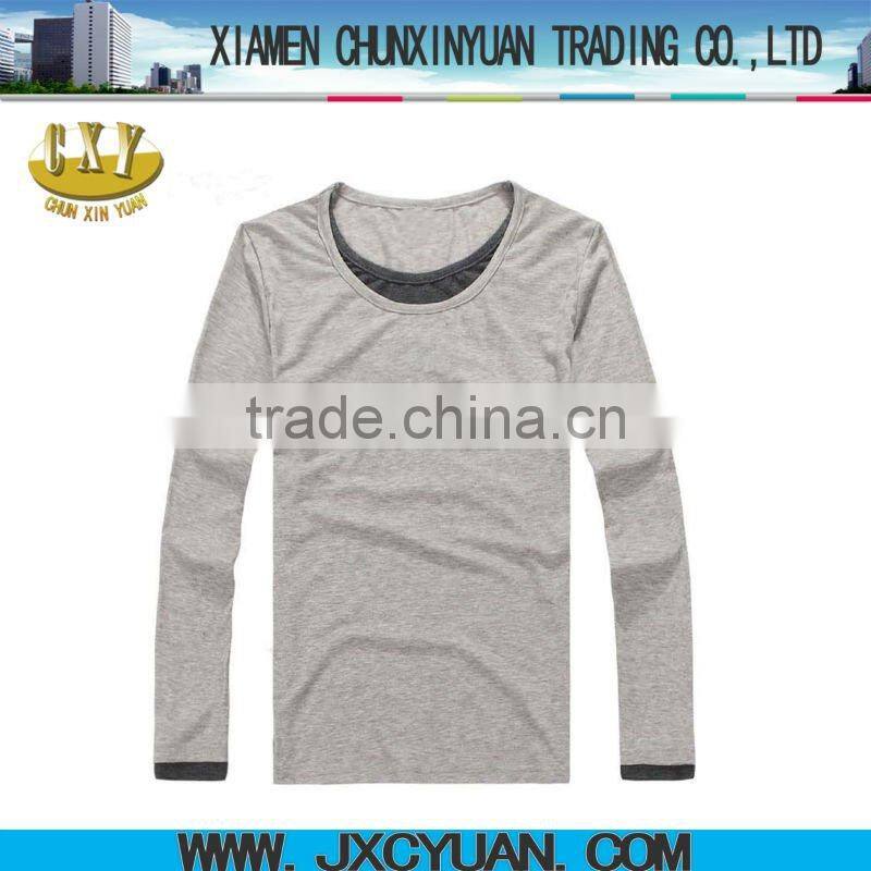 fashion heather gray men double contrast collar long sleeve t shirts