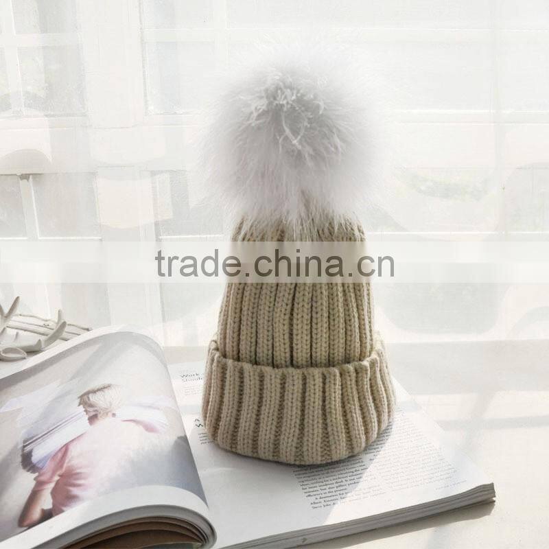 2016 Winter beanie Real Silver Fox Fur ball Knitting hat For Women Black Real Raccoon Fur ball Skullies