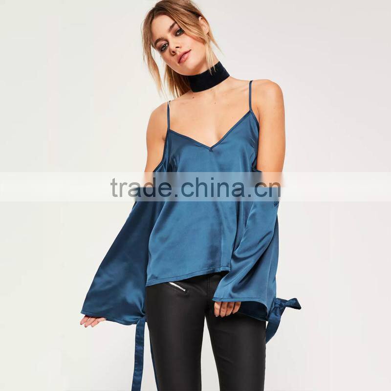 Stylish sweet girl blouses cold shoulder long sleeve satin tops