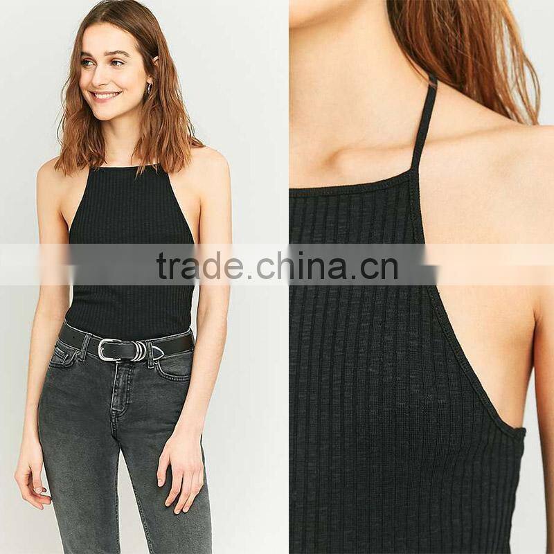 2017 women's best black ribbed sleeveless halter T-back high neck cami tops