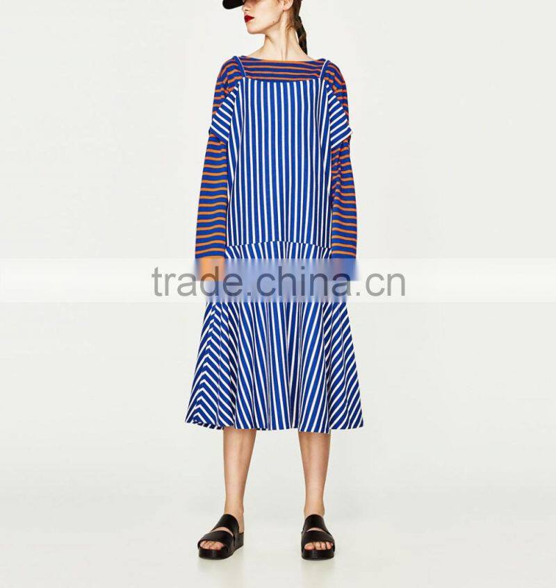 2016 fashion halter off shoulder A-line stripe dress woman dress