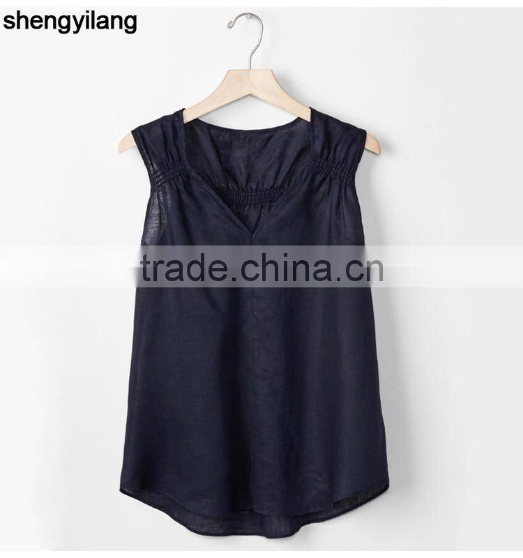 2016 newest product pure color leisure 100% linen vest custom high quality comfortable ladies tops