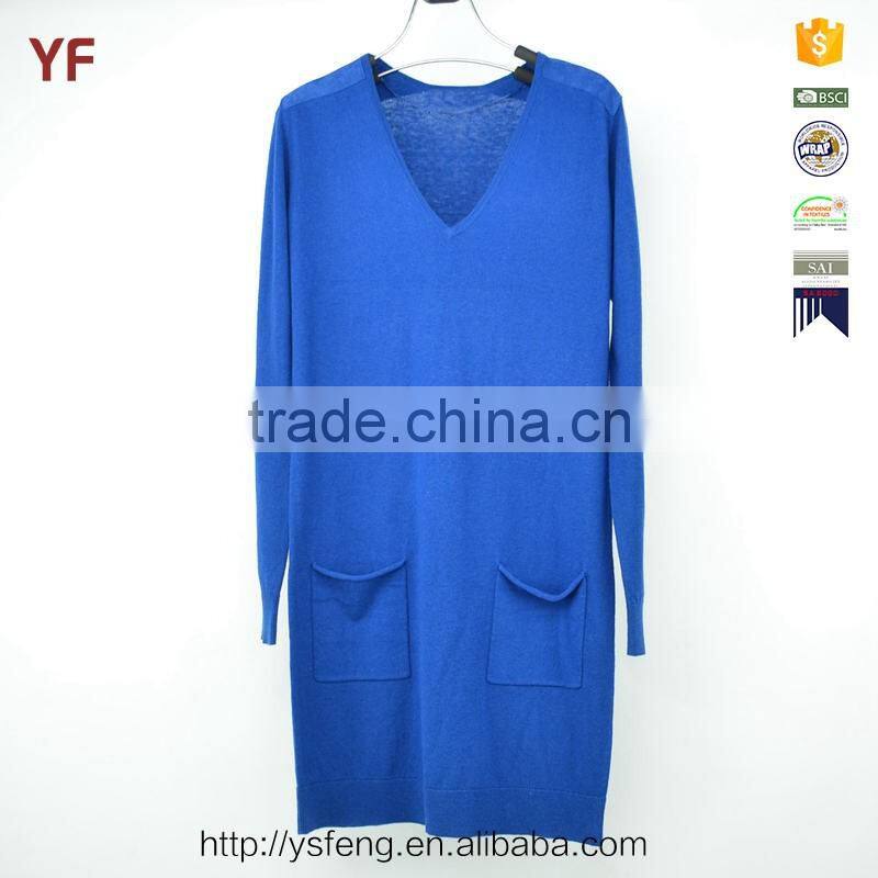 Latest Designs Blue v-Neck Women Plus Size Pullover Sweater Dress