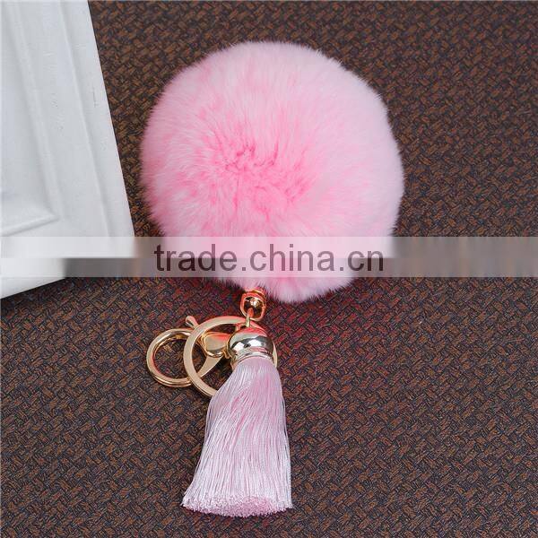 Gold Plated Pink Angora Pom Pom Ball Rayon Tassel Custom Key Chain
