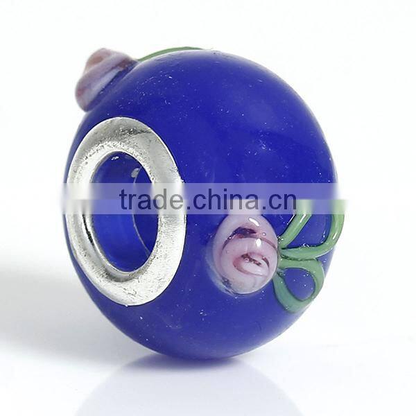 New Design Round Silver Plated Core Deep Blue Flower Pattern Enamel Lampwork Glass European Style Large Hole Charm Beads