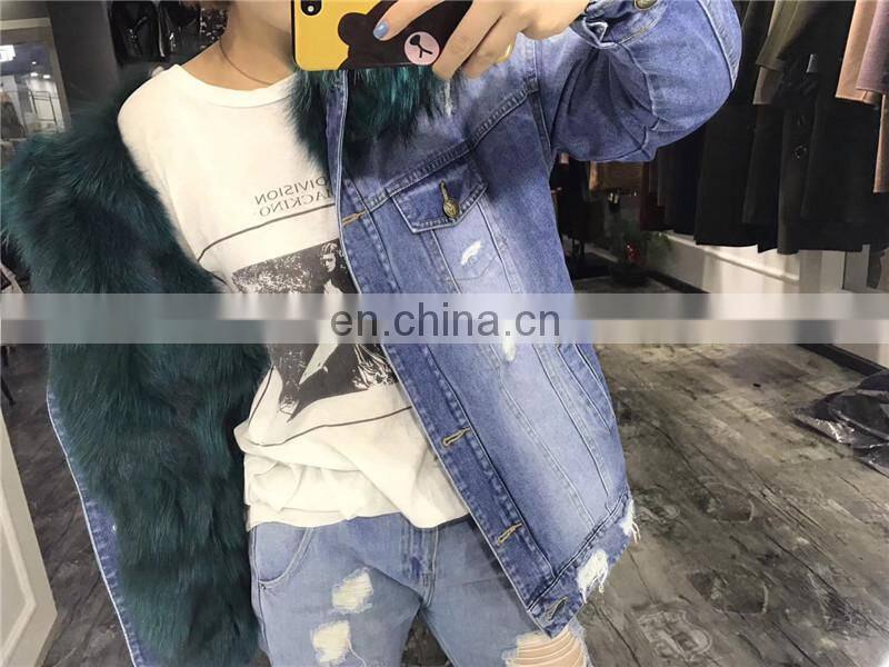2017 Fashionable Women Winter Real Fox Fur Lined Denim Parka Real Fur Jacket Raccoon
