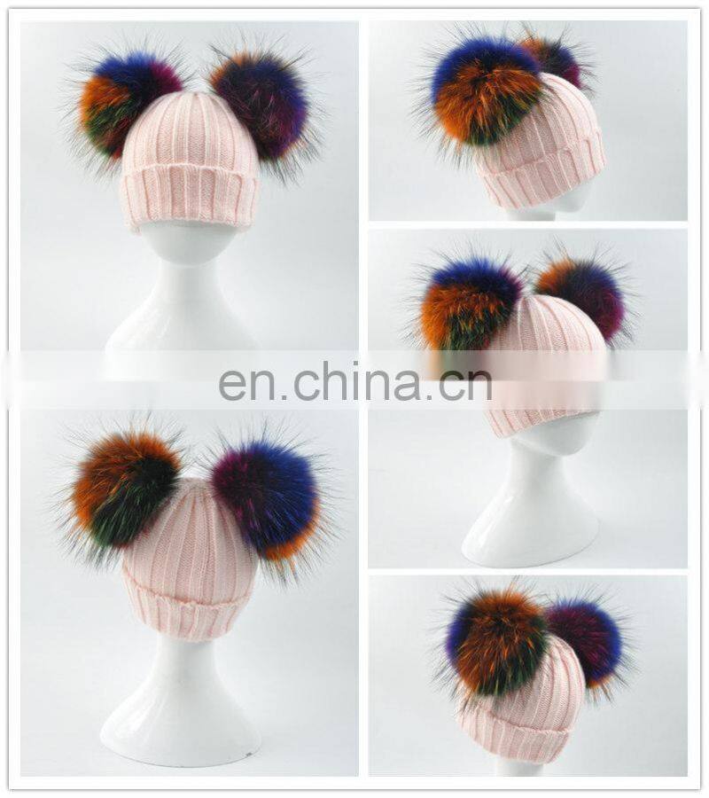 Wholesale Custom Colorful Double Poms Hat Winter Newest Cute Kids Hats Knitting Beanie Hat Kids